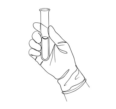 Hand in gloved holding test tube line art vector illustration science