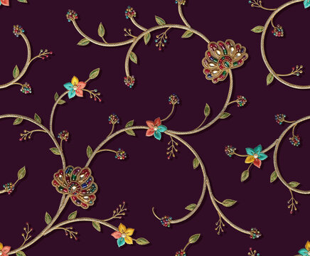 Traditional Indian Kundan Floral Motif Background, Red Festive Ethnic Textile Design