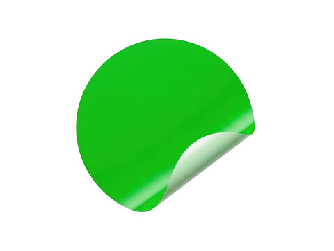 Blank green round sticker with a curled corner isolated on transparent background