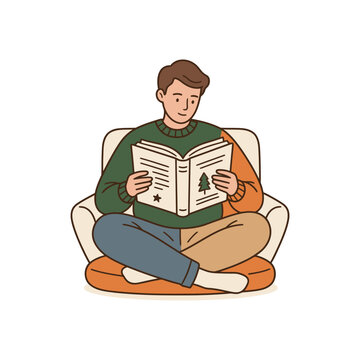 A young man sitting comfortably in an armchair reading a book in a cozy atmosphere.