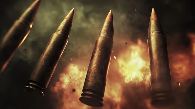 Close up macro shot of brass bullets flying amidst smoke and fire explosions in dark background