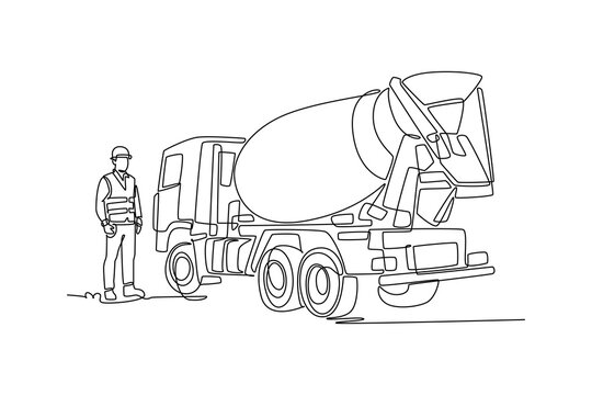 Single continuous line drawing young man worker wearing a safety vest standing beside a large cement mixer truck on a building site, civil engineering. One line draw graphic design vector illustration