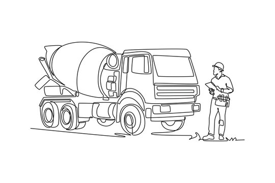 Single one line drawing young male engineer holding a clipboard while inspecting heavy concrete cement mixer truck at construction site. Modern continuous line draw design graphic vector illustration