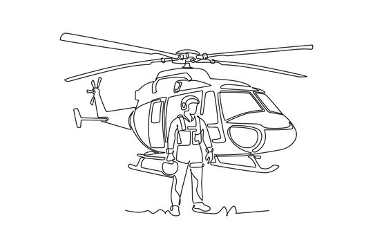 Single one line drawing skilled human young man pilot holding flight helmet while standing in front of a rescue or ambulance helicopter. Modern continuous line draw design graphic vector illustration
