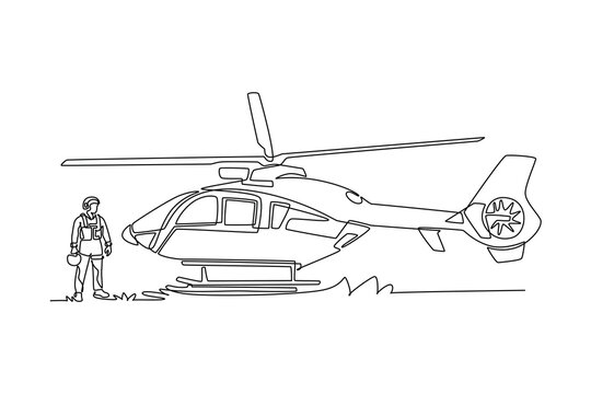 Single one line drawing side view young male pilot holding his helmet and standing next to large medical rescue helicopter on airfield. Modern continuous line draw design graphic vector illustration