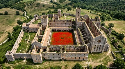 Fototapeta premium Aerial view of roofless medieval abbey ruins with red poppies in Tuscany Italy