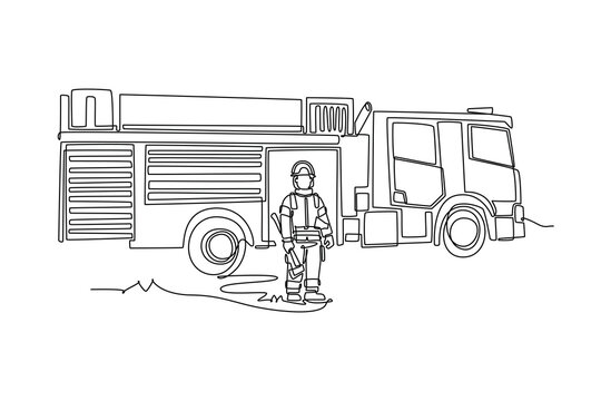 Single one line drawing male firefighter in full uniform holding an axe while standing proudly in front of fire engine truck on emergency duty. Continuous line draw design graphic vector illustration