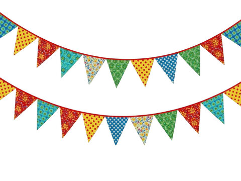 Colorful party bunting flags hanging on a string for celebration decoration isolated on transparent background