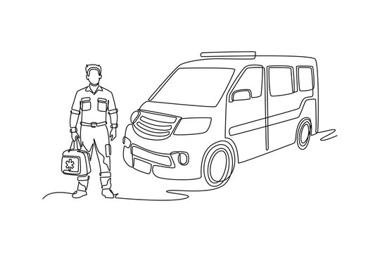 Continuous one line drawing male paramedic carrying first aid medical kit standing in front of emergency ambulance van, healthcare rescue services. Single line draw design vector graphic illustration