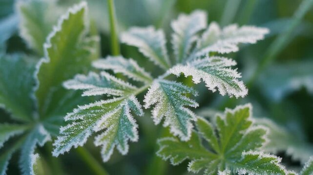Close up of frost on wild carrot leaves in soft winter light