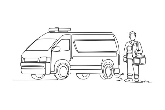Continuous one line drawing dedicated young man paramedic holding medical bag next to emergency ambulance van, depicting healthcare rescue service. Single line draw design vector graphic illustration