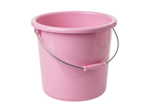 Empty pink plastic bucket with a metal handle isolated on transparent background