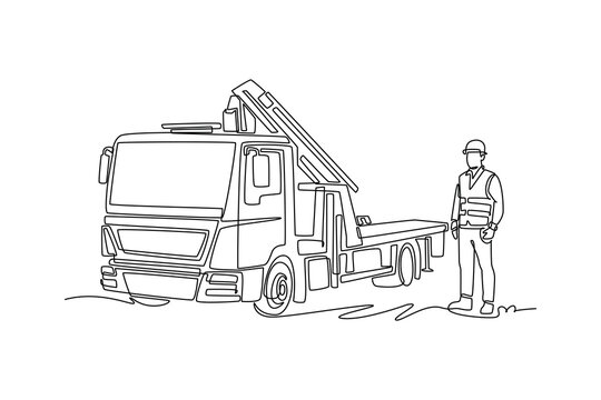 Continuous one line drawing young professional male tow truck driver in a hardhat and reflective safety vest standing next to empty flatbed vehicle. Single line draw design vector graphic illustration