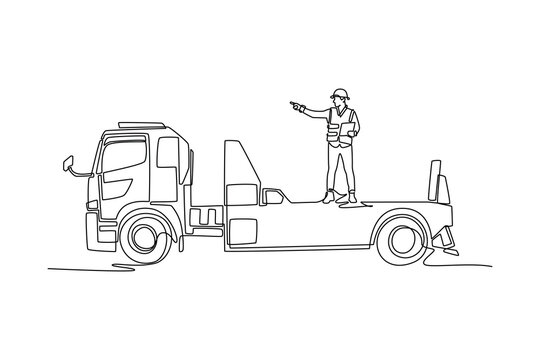 Continuous one line drawing male site inspector in safety gear standing on top of a flatbed tow truck and pointing forward while holding clipboard. Single line draw design vector graphic illustration