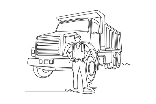 Continuous one line drawing male dump truck driver wearing safety hardhat and vest standing proudly in front of tipper truck at construction site. Single line draw design vector graphic illustration