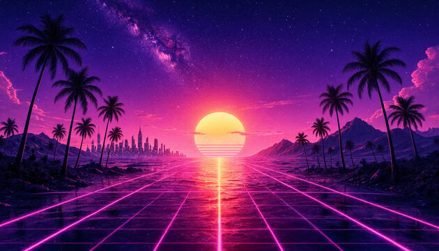 Futuristic Synthwave Sunset Landscape with Neon Grid and Palm Trees background