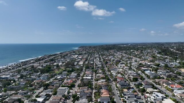 Aerial view of Cardiff by the Sea, beach community in the incorporated city of Encinitas in San Diego County, California, USA. The Pacific Ocean is to the west of Cardiff