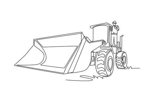 Continuous one line drawing young male operator standing on a heavy wheel loader vehicle with a large front scoop bucket, giving thumbs-up gesture. Single line draw design vector graphic illustration