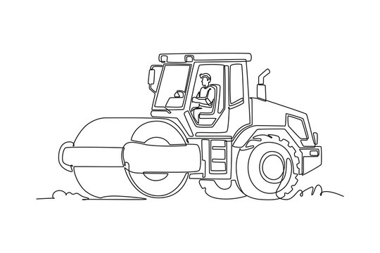 Single one line drawing a heavy road roller construction machine being operated by young male driver flattening asphalt during roadwork. Modern continuous line draw design graphic vector illustration