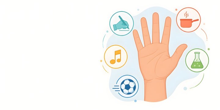 Human hand with hobby icons, creative lifestyle and skill development concept, colorful flat illustration of diverse interests and activities