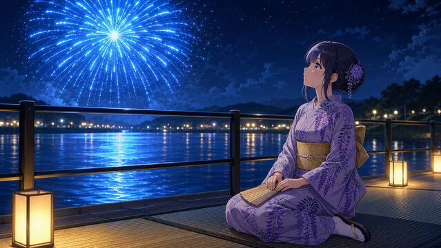 Woman in a wisteria yukata watching blue fireworks over a river from a lantern lit deck on a summer night, 夏の夜、灯籠の並ぶ川辺で藤柄の浴衣を着て青い花火を見上げる女性