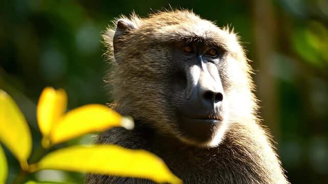 A close-up portrait of a thoughtful baboon in its natural habitat, with vibrant foliage softly framing its expressive face under dappled sunlight