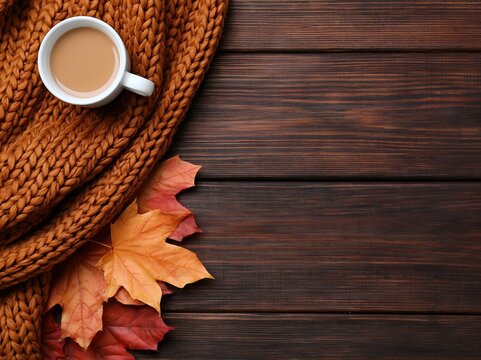 Autumn cozy coffee with a brown scarf and maple leaves on a rustic wooden fall desk