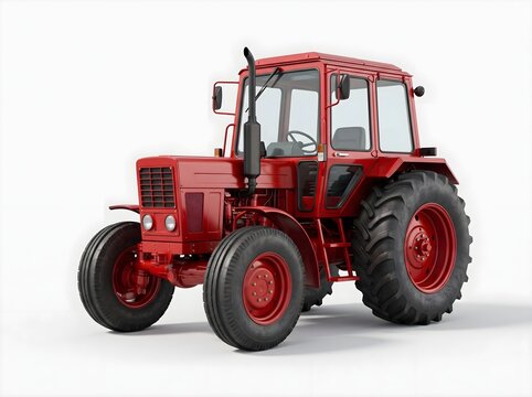 Vintage farm tractor isolated on plain background, classic red vehicle photo for agriculture branding, machinery catalog, and rural themed design