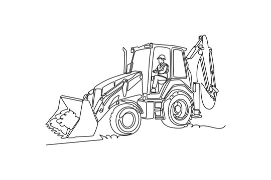 Single continuous line drawing young male driver operating a heavy backhoe loader machine transporting soil in its front bucket on a construction site. One line draw graphic design vector illustration