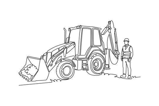Single continuous line drawing young male construction worker in safety gear standing next to a heavy backhoe loader tractor on building site. Dynamic one line draw graphic design vector illustration