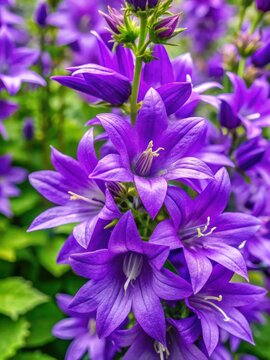 Dense purple spikes of creeping bellflower flowers blooming in June