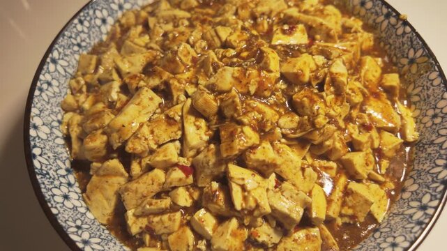 Close Up Bowl of Vegetarian Mapo Tofu with Sichuan Spices and Rich Sauce