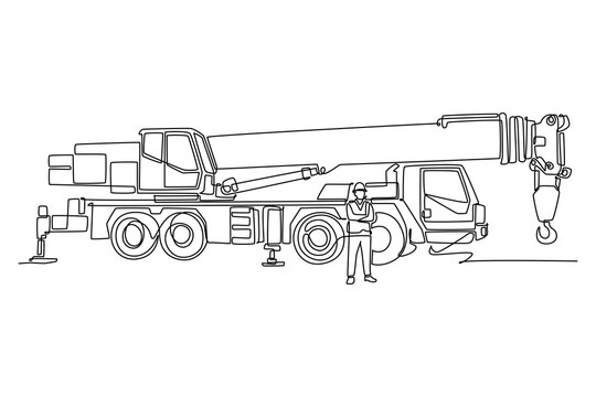 Single continuous line drawing young male engineer wearing a hardhat and safety vest standing with arms folded in front of a giant mobile crane truck. One line draw graphic design vector illustration