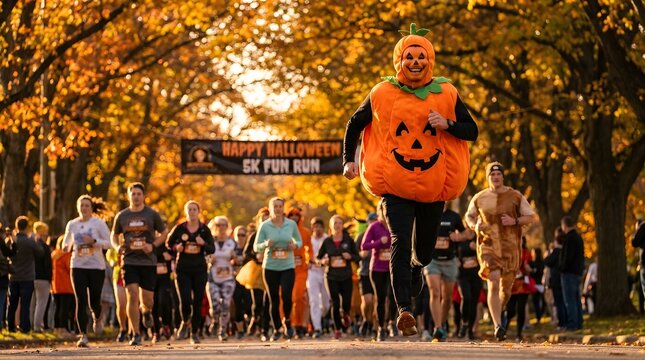 A crowd of people running in a fun race to celebrate a happy halloween event in autumn