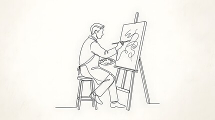 Fototapeta premium Line Drawing Artist Painting Abstract Art on Canvas in Studio