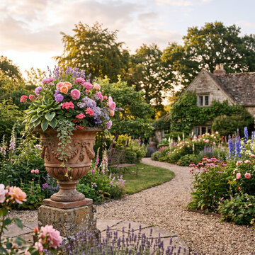 classical vase overflowing with flowers and ivy on garden pedestal in late afternoon