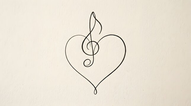Minimalist Heart Shape with Musical Note Drawing on White Background