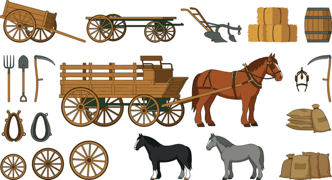 Vintage wooden farm wagon and draft horse vector illustration collection featuring rustic horse-drawn carts hay bales plow and old agricultural tools isolated on white background