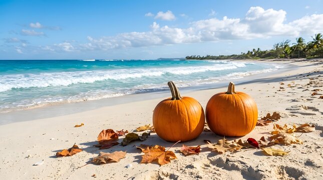 Two orange pumpkins sitting on a tropical sandy beach for a sunny and warm happy halloween celebration