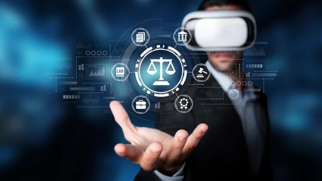 Person Wearing Virtual Reality Headset Interacting with Digital Justice Symbols in a Modern Business Environment. Entropy.