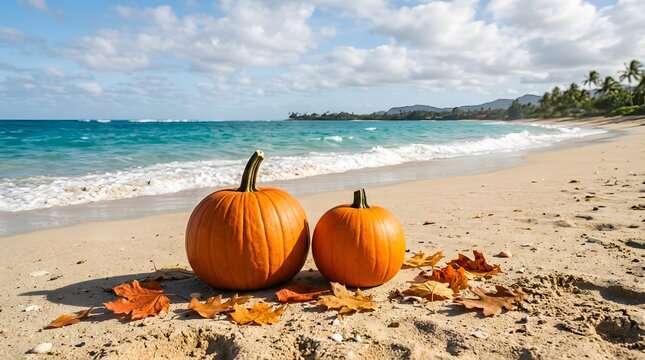 Two orange pumpkins on a tropical sandy beach wishing everyone a very happy halloween holiday season