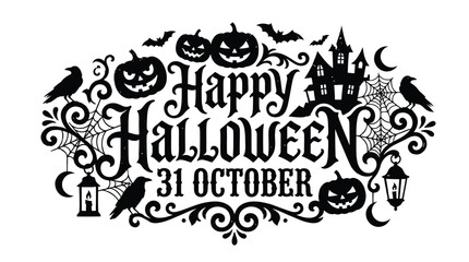 Obraz premium Black and white happy halloween vector illustration featuring spooky pumpkins and a haunted gothic mansion design