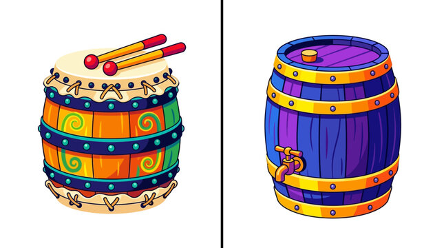 Colorful traditional percussion drum and purple wooden barrel vector set