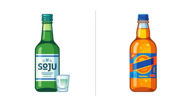 Flat vector illustration of green spirit bottle and amber drink bottle