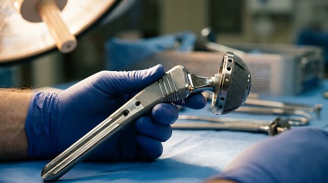 Surgeon holding a metal hip replacement implant in operating room