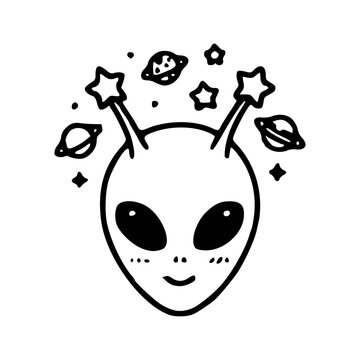 hand drawn line art illustration of cute extraterrestrial alien face vector icon
