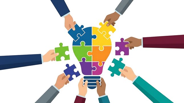 Diverse hands assembling a lightbulb puzzle representing innovation