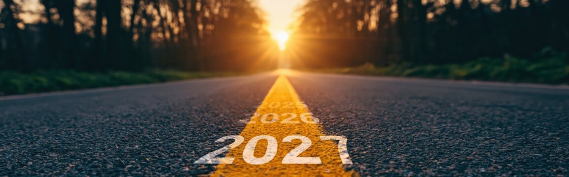 2021 road leading into a sunset representing a new beginning and future journey