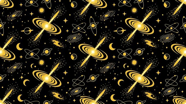 Golden cosmic seamless pattern with black holes and galaxies