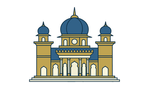 Stylized architectural line art of a traditional palace with a central dome and four corner towers on a white background, minimalist architecture concept